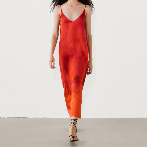 NWT Massimo Dutti‎ Ombre Print Flowing Midi Dress V-Neck & Back In Red Large